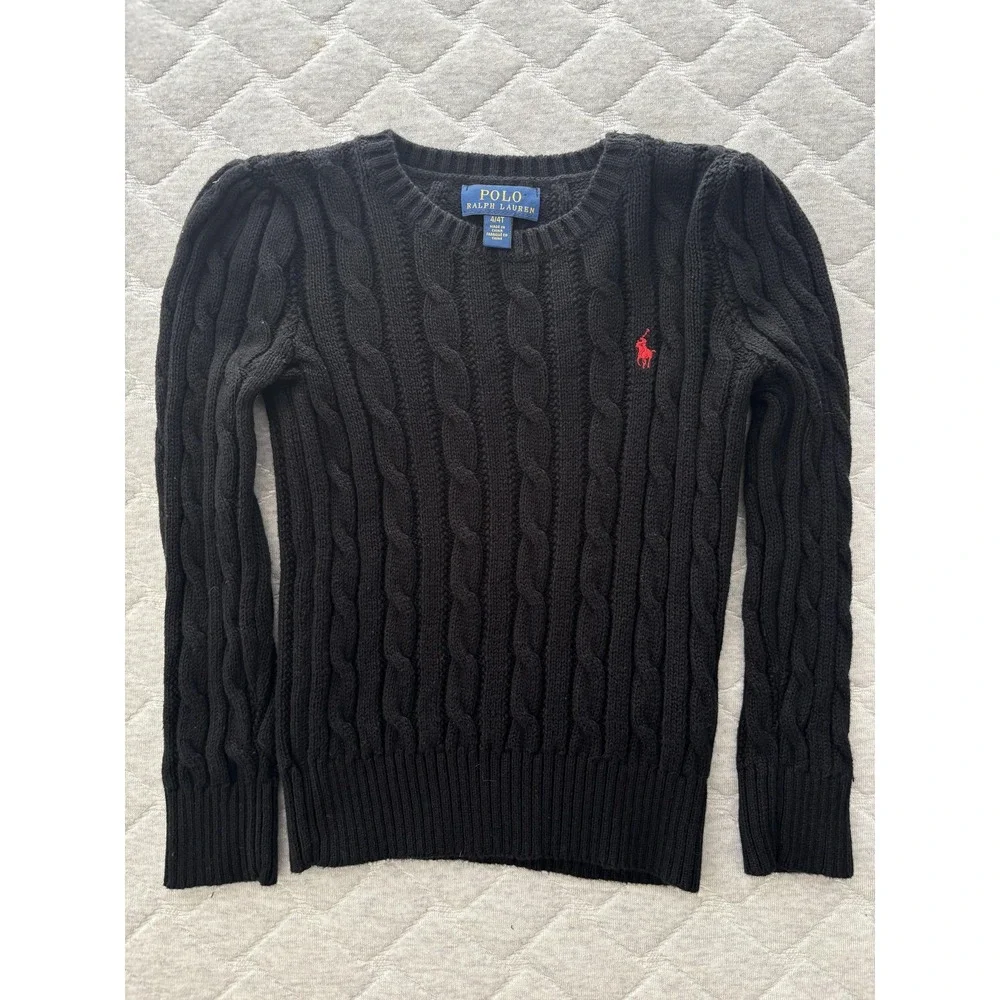 Polo‎ Ralph Lauren Sweater Girls 4T Black Cable Knit Cotton Crewneck Pullover